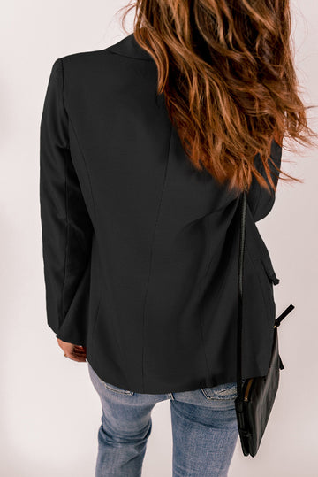 Black Lapel Collar Button Pocket Blazer